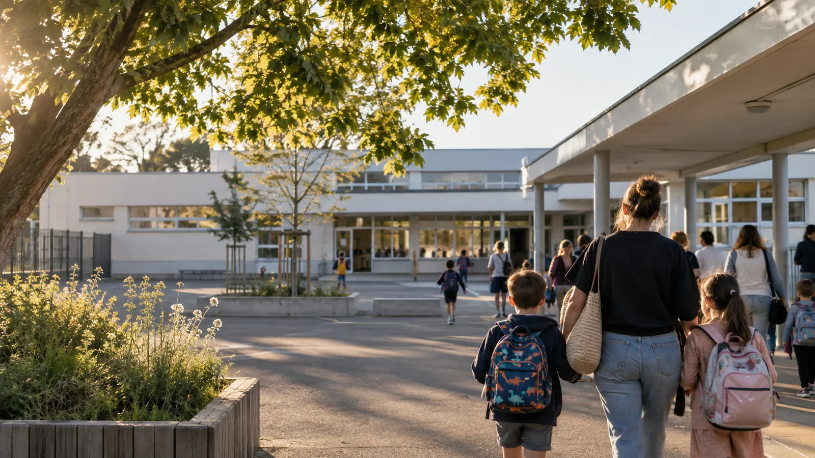 Parents et enfants arrivant devant les écoles Gérard Philipe et Paul Fort